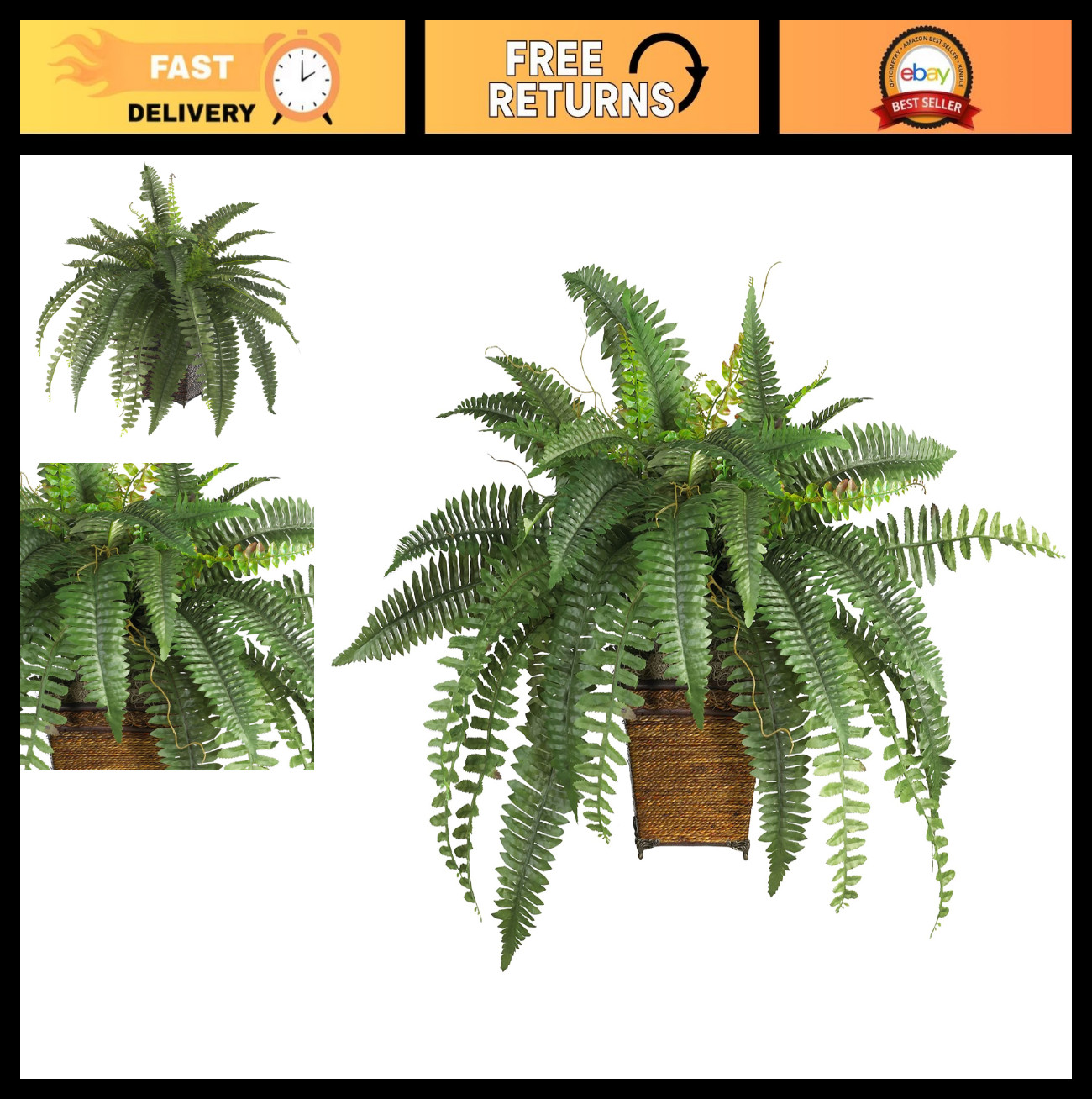 Lifelike Boston Fern in Wicker Basket – Realistic Artificial Plant Decor