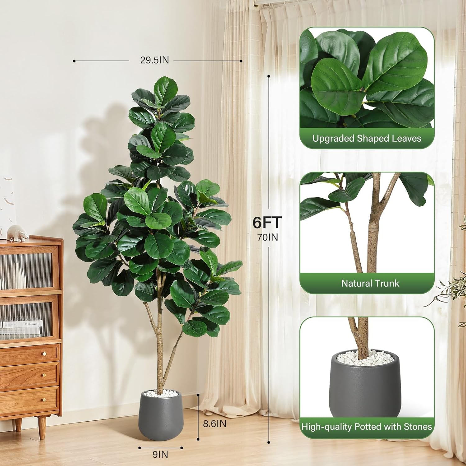 Artificial Fiddle Leaf Tree 4/5/6FT Faux Plant Fake Ficus Lyrata Trees with Pot
