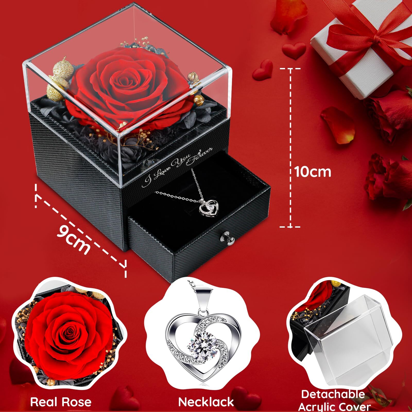 Preserved Rose with Necklace , Gift for Women – Valentines Day Gift Idea