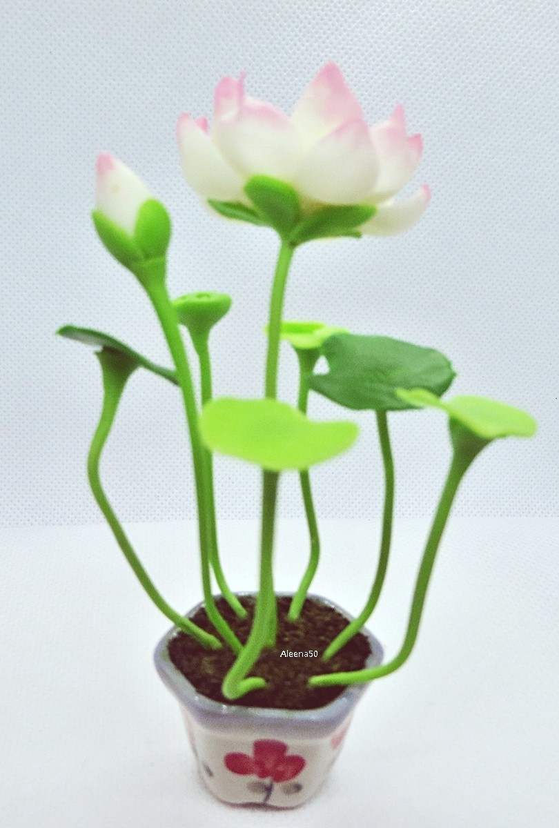 4″H Handcrafted Miniature Clay Lotus Flower Varieties Arranged in Pot | US Stock