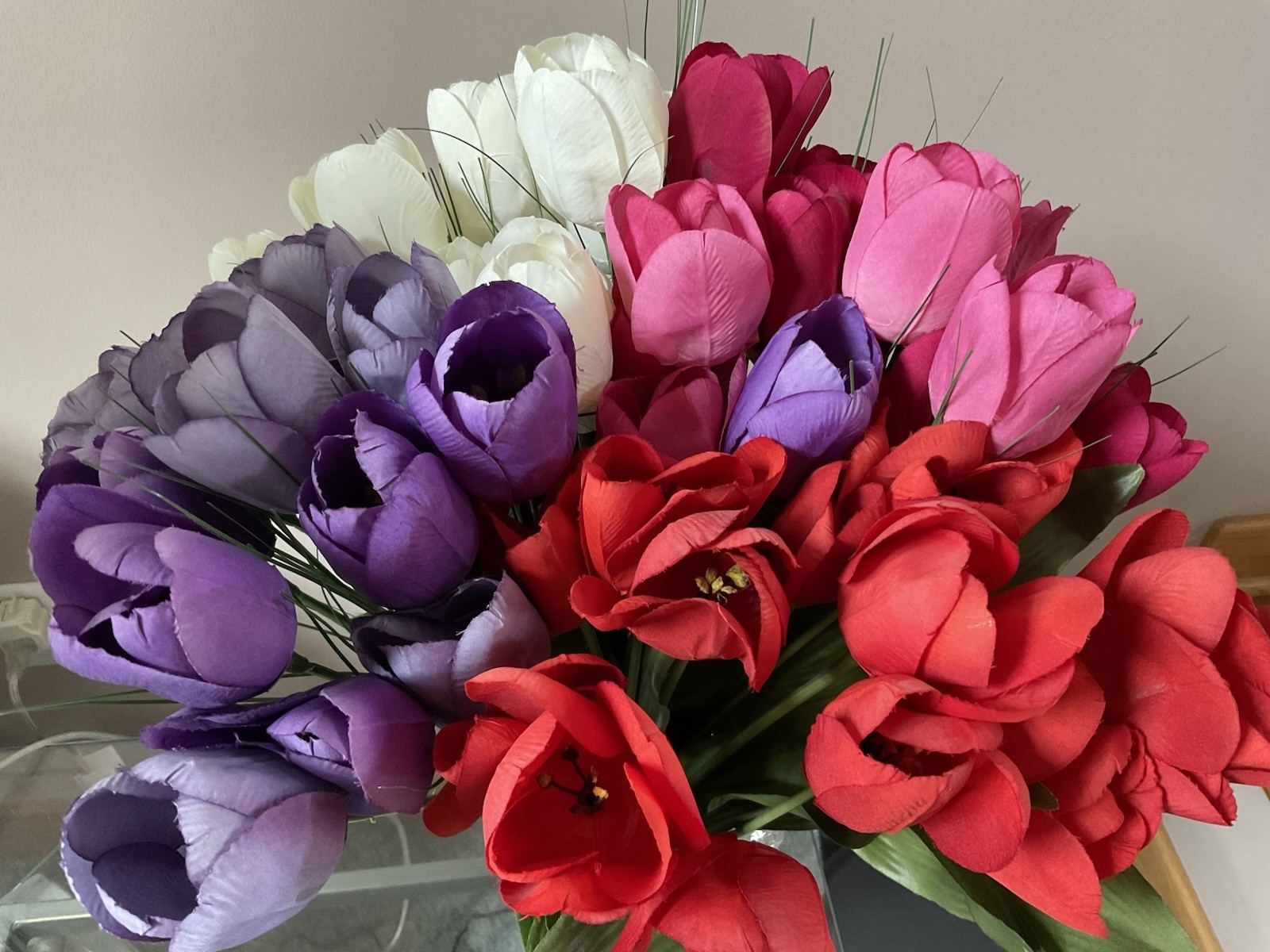 (4) Artificial Spring Flower Tulip Bouquets ~ Purple/Red/White/Pink ~ Decor