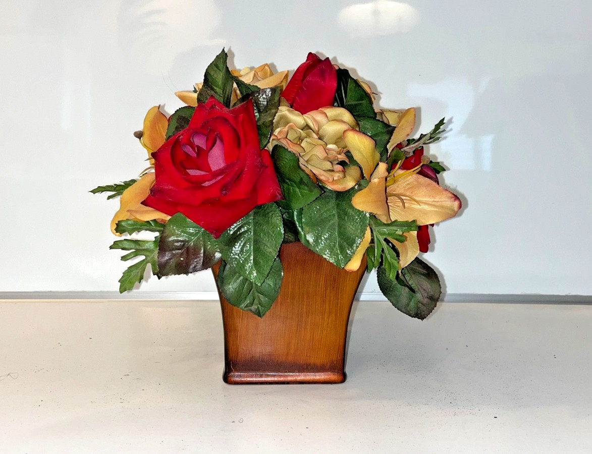 Red & Yellow Faux Flower Roses Centerpiece Beige Mahoga Brown Neutral Home Decor