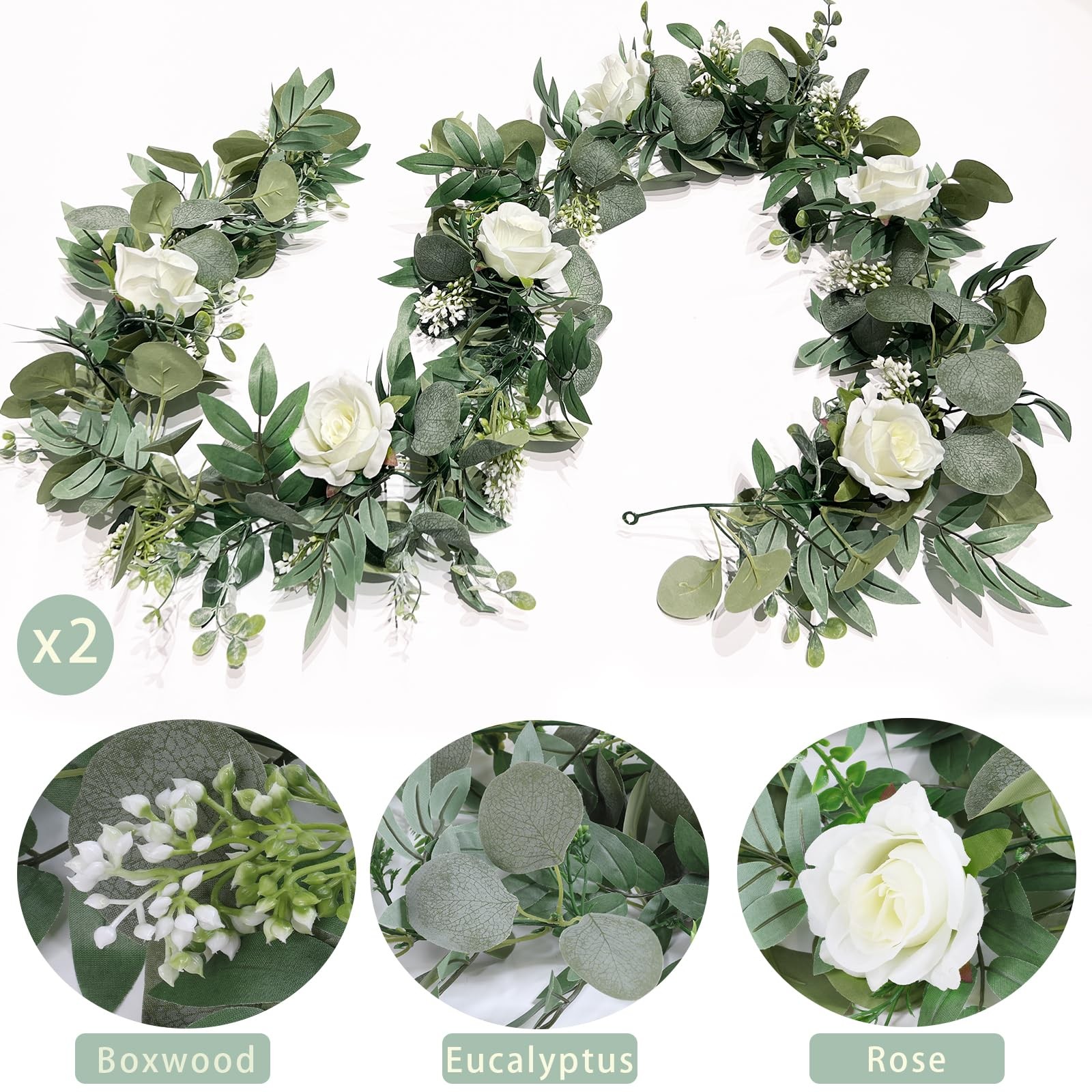 2 Pack Artificial Spring Eucalyptus Flower Garland with White Roses, 13Ft Fak…
