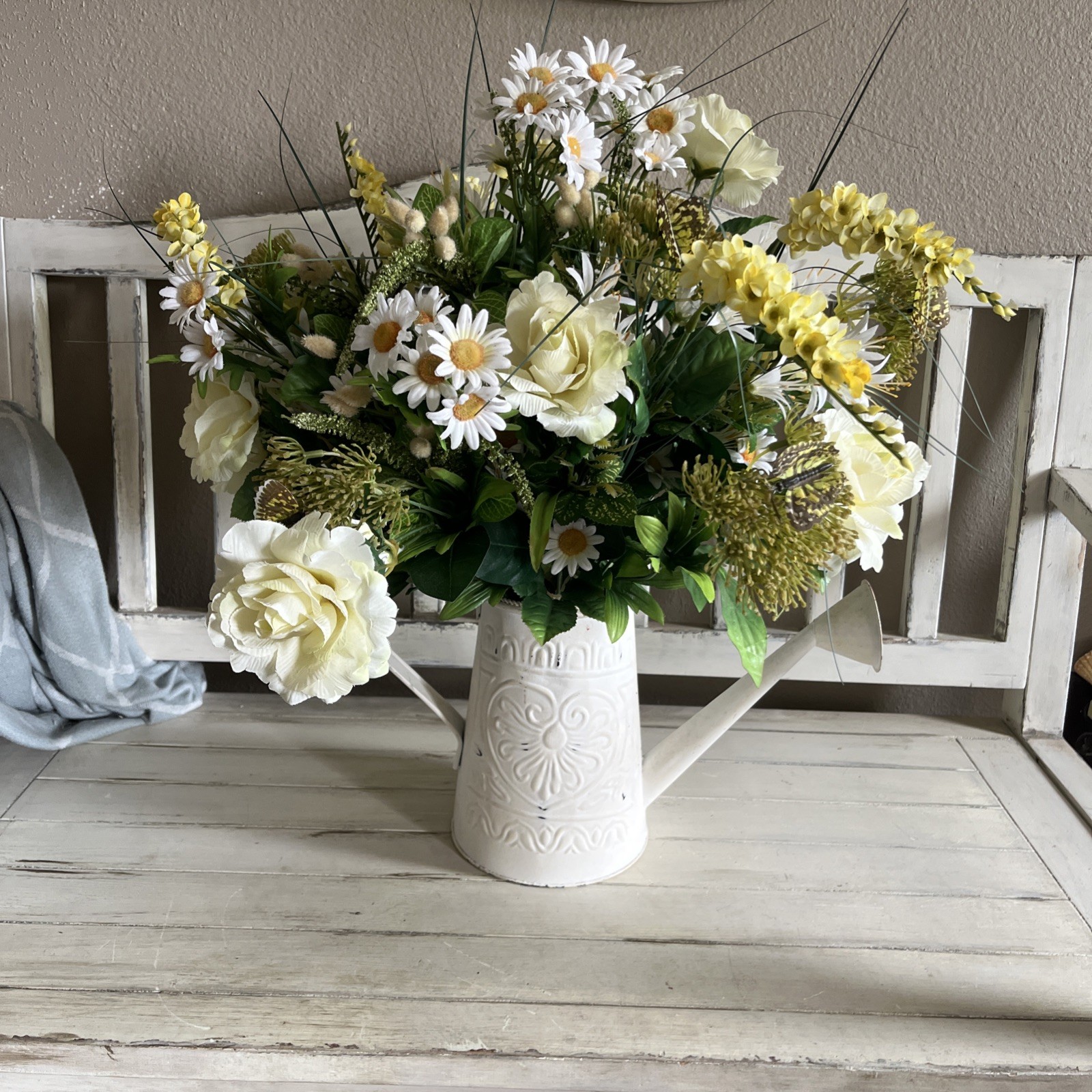 Vintage Artificial Flower Bouquet And Watering Can Large 24” Tall Cottagecore