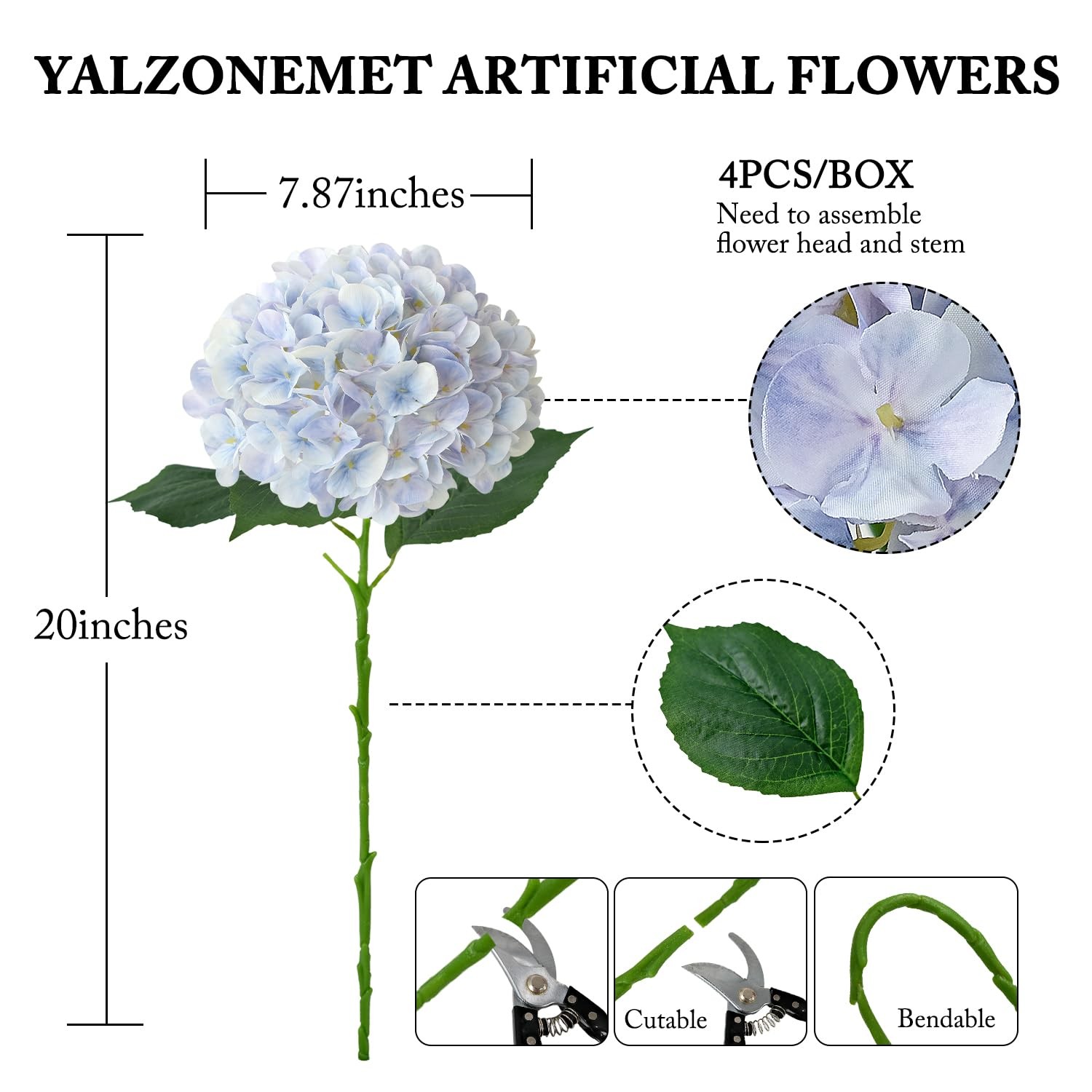 YalzoneMet 4Pcs Light Purple Silk Hydrangea Artificial Flower Lifelike Big Bl…