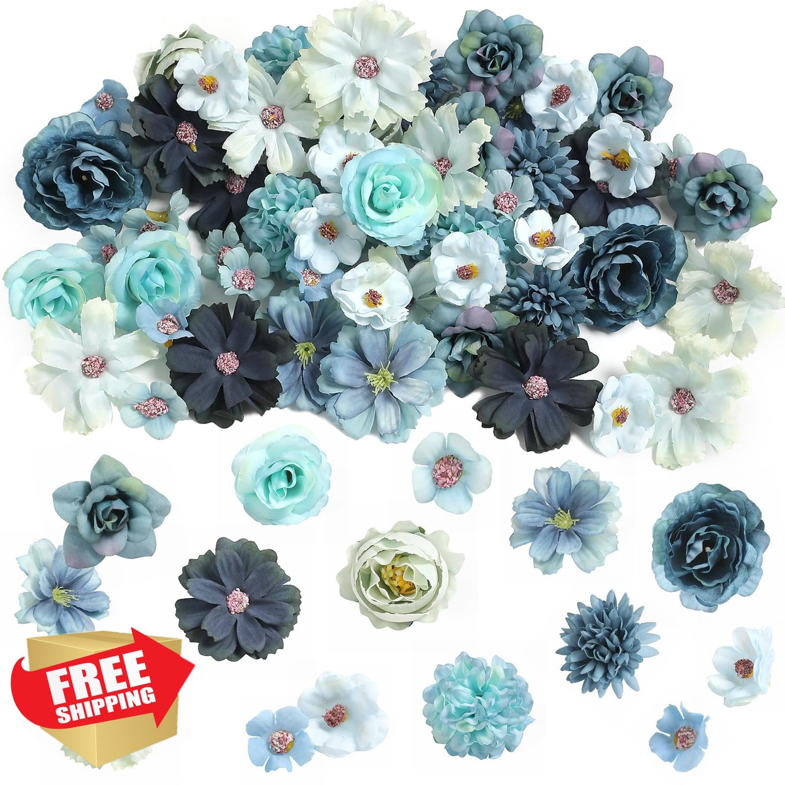 rongflower Blue Faux Flower Heads Small Silk Rose Daisy 45pc
