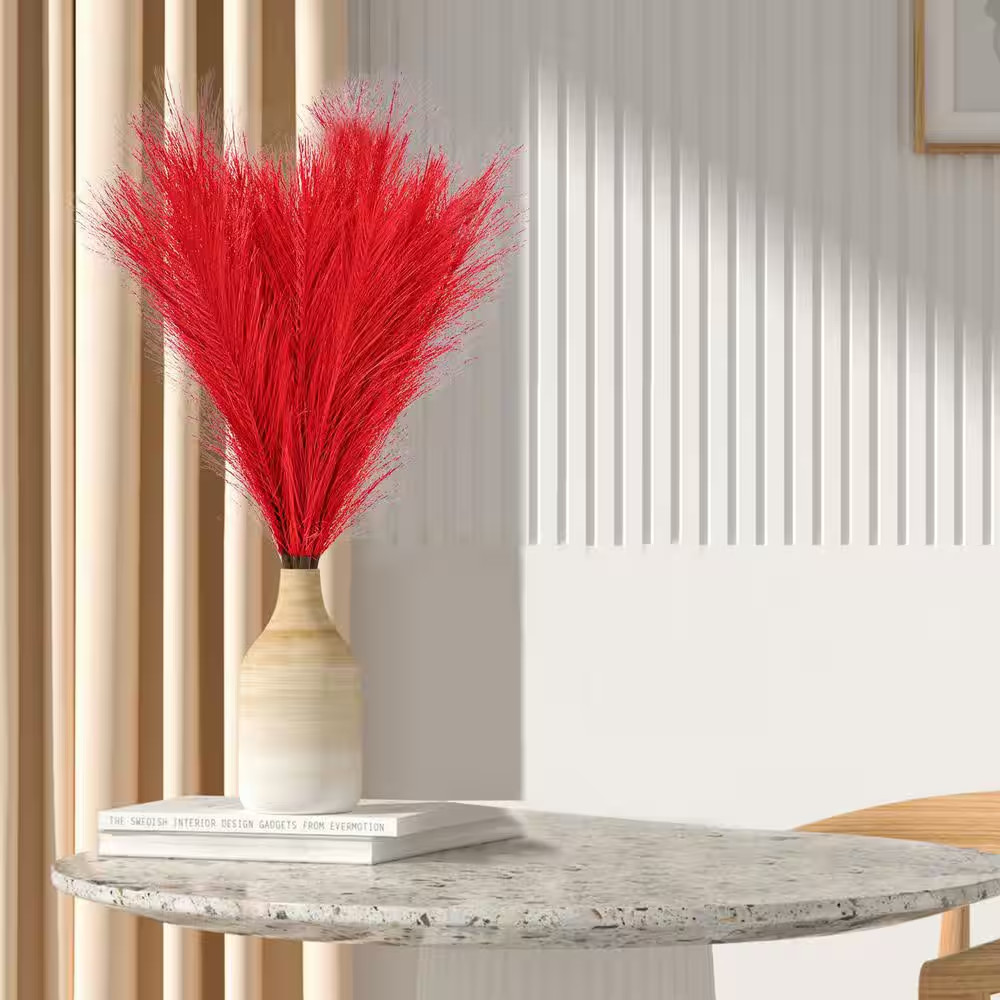1.81 in Dark Red Artificial Plant 5 Pcs Faux Pampas Grass Tall Fluffy Bulrush Re