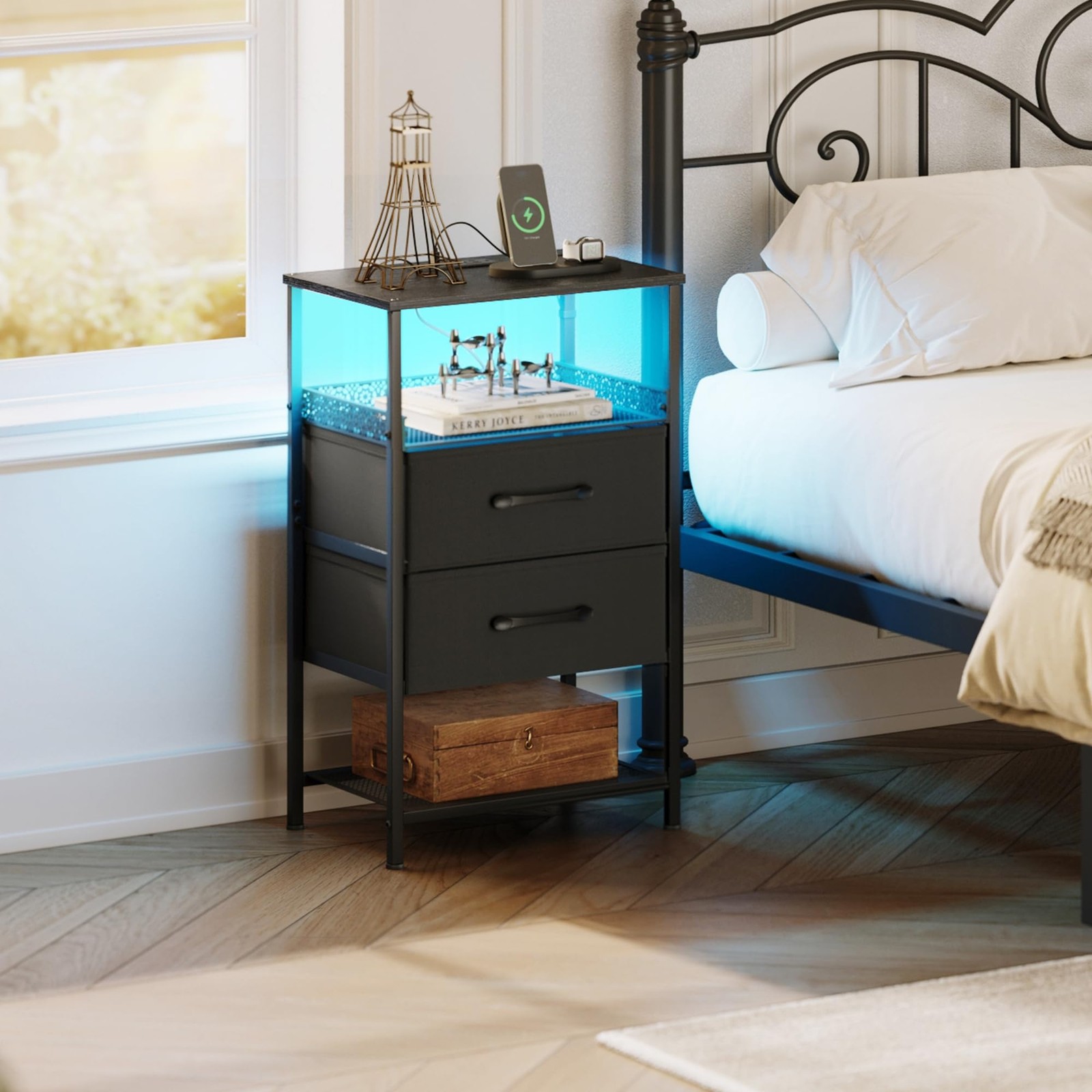 Nightstand Set of 2 with Charging 7.44 x 13.11 x 17.32 inches, Black