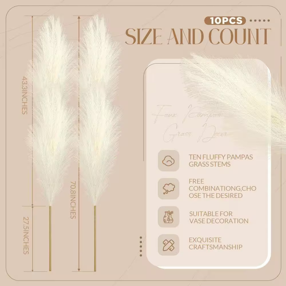 10 Pcs 71 In. Beige Artificial Grass Large Bulk Faux Pampas Grass Decor Tall