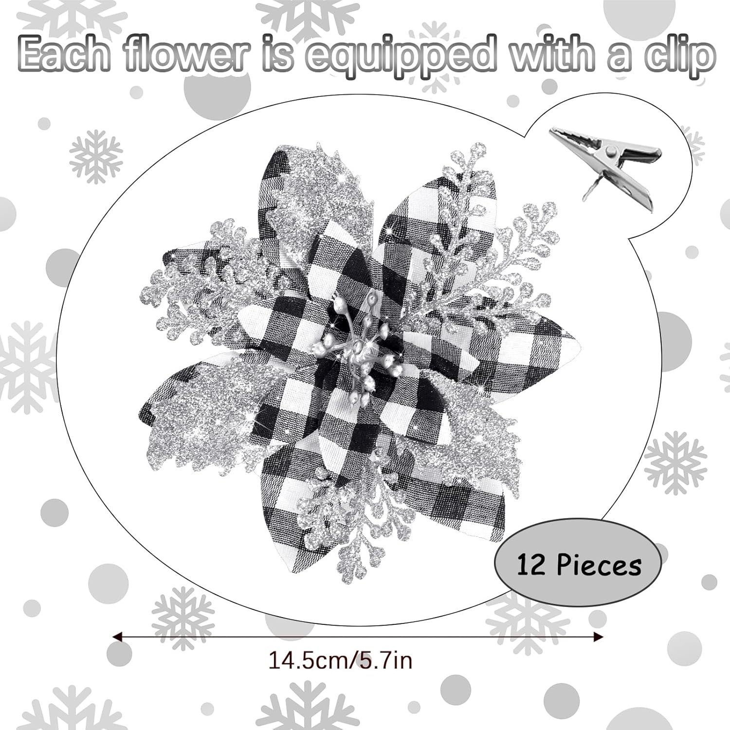 Chic Black & White Buffalo Glitter Poinsettias – 12 Decorative Clips Included