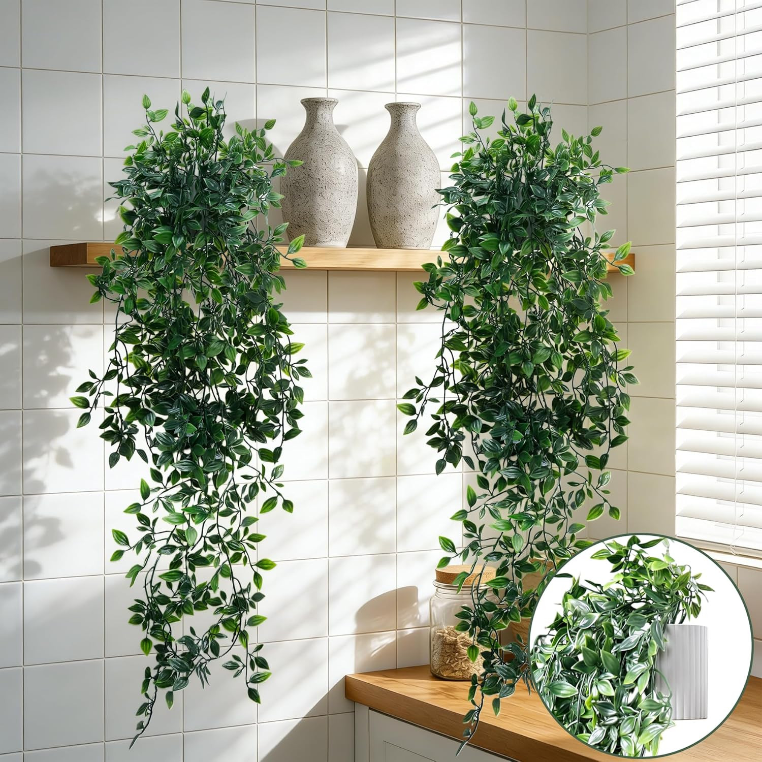 Artificial Hanging Plants for Shelf, 2-Pack Fake Potted Greenery Faux Mandala Vi