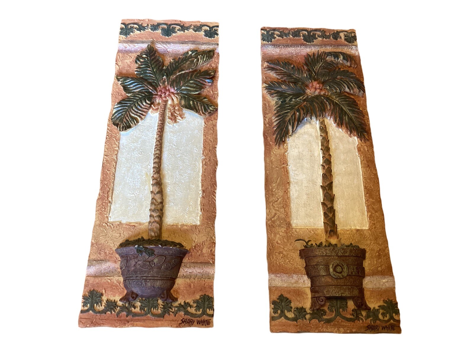 Shari White Palm Tree Wall Art Set 2 Tropical 3D Relief Plaques Decor