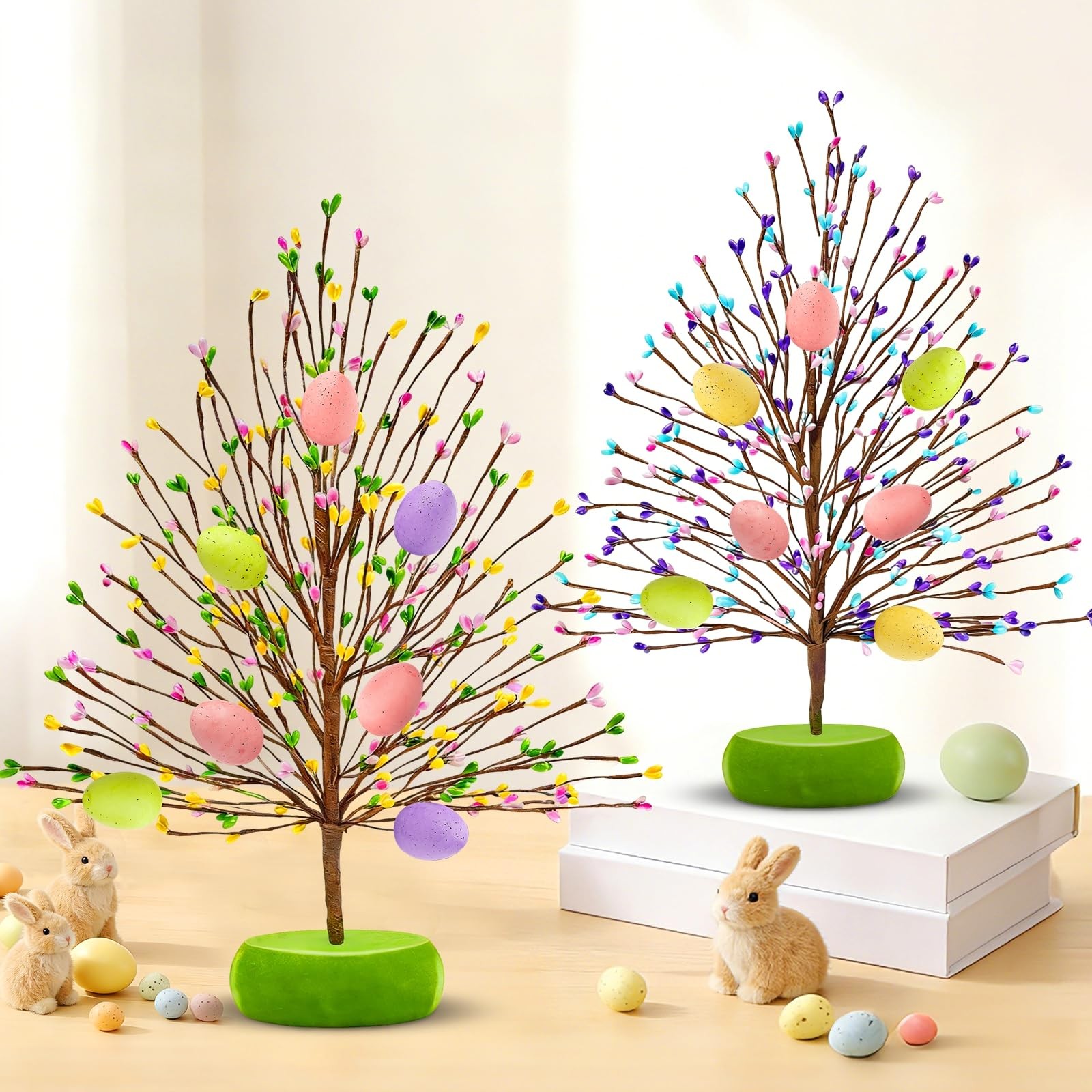 Easter Decorations 2 Pack Easter Tree with 14 Pastel Eggs Ornaments and Floral..