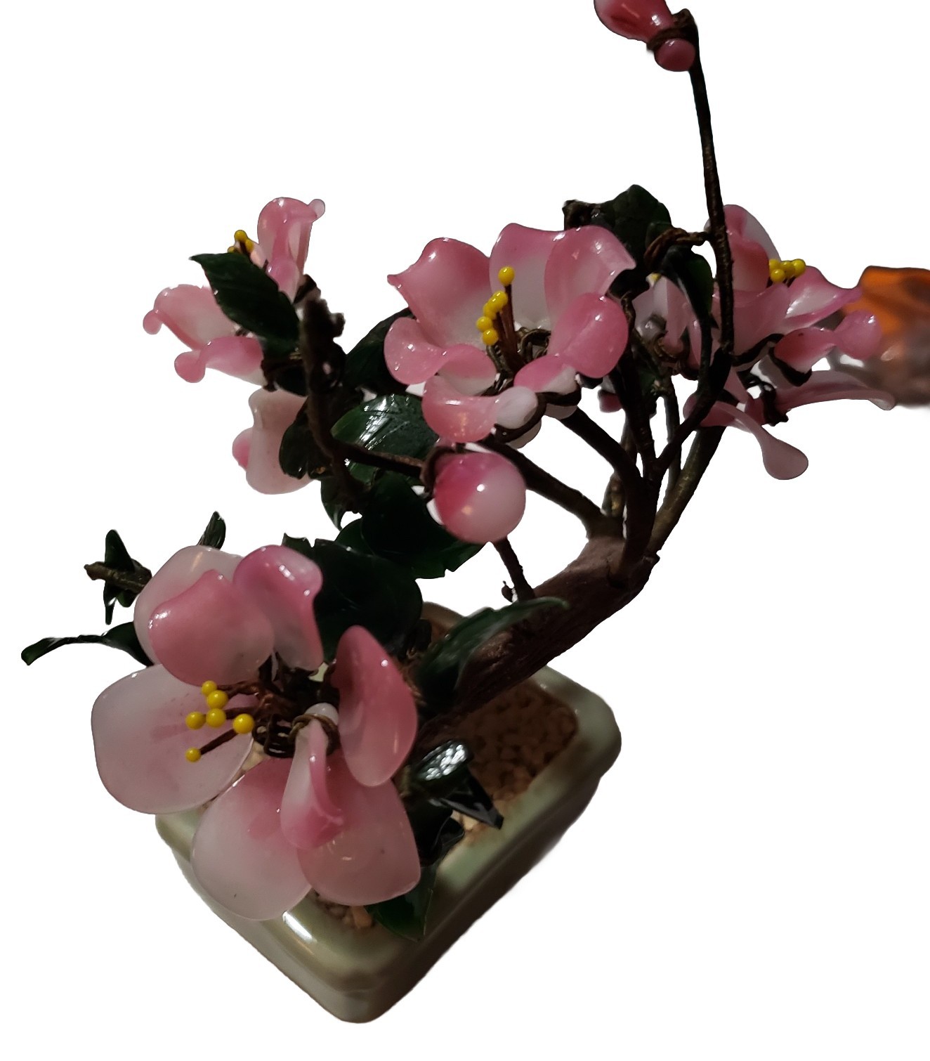VTG Cherry Blossom Jade? Gemstone Leaves Bonsai Tree Rose Quartz Petals *Cracks