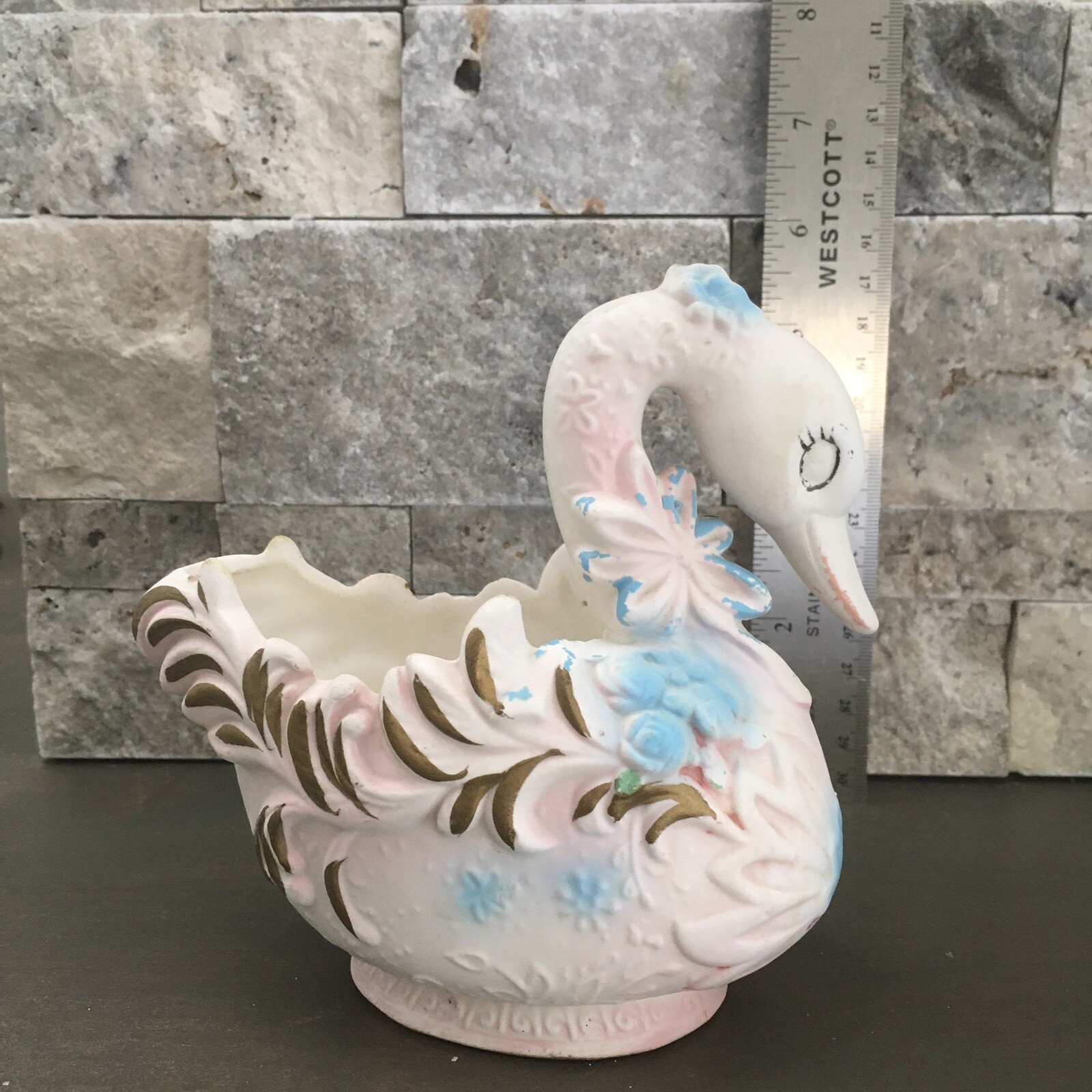 Vintage Mid Century Swan Planter Pink And Blue Gold Gilt Anthropomorphic Planter
