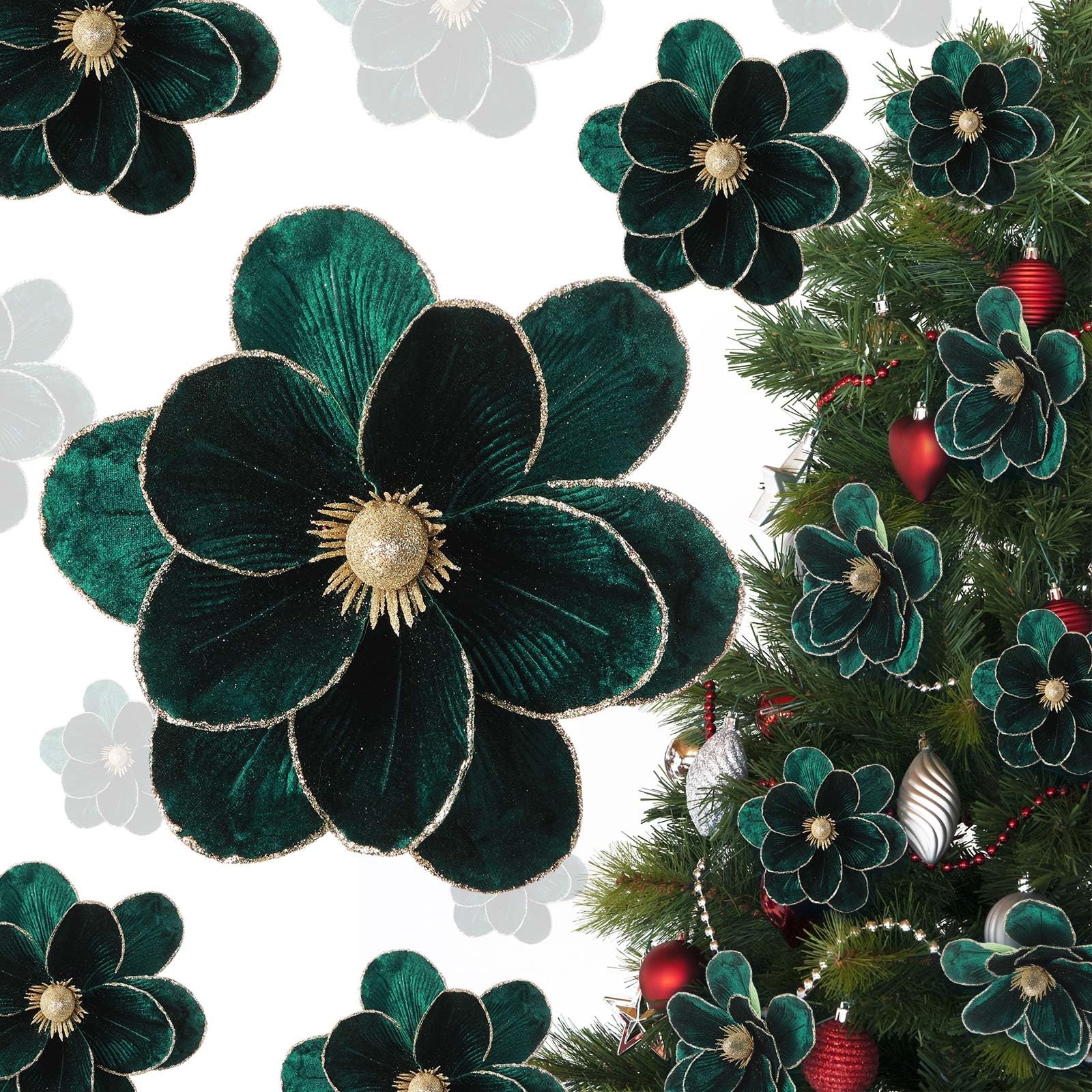 18 PCS Dark Green Large Velvet Christmas Poinsettia Magnolia Flowers Decor Set
