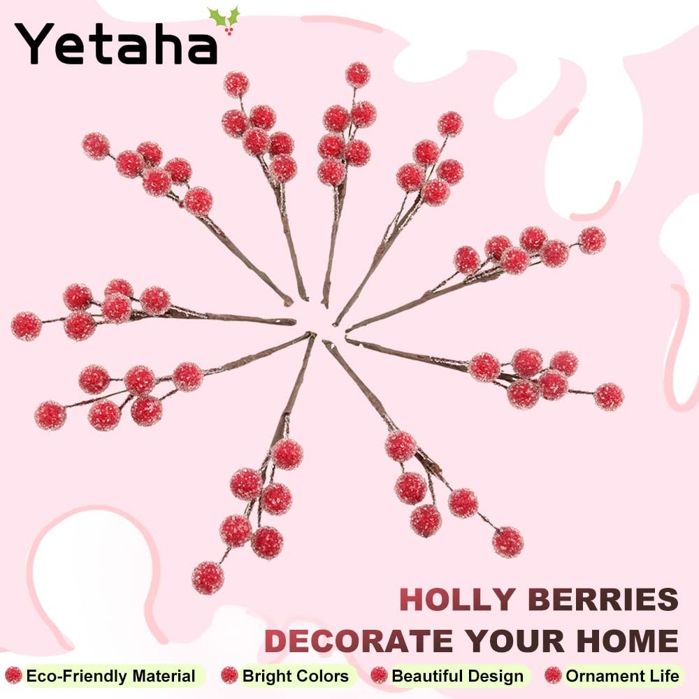 10 PCS Red Christmas Artificial Frosted Holly Berries Branch Floral Decor