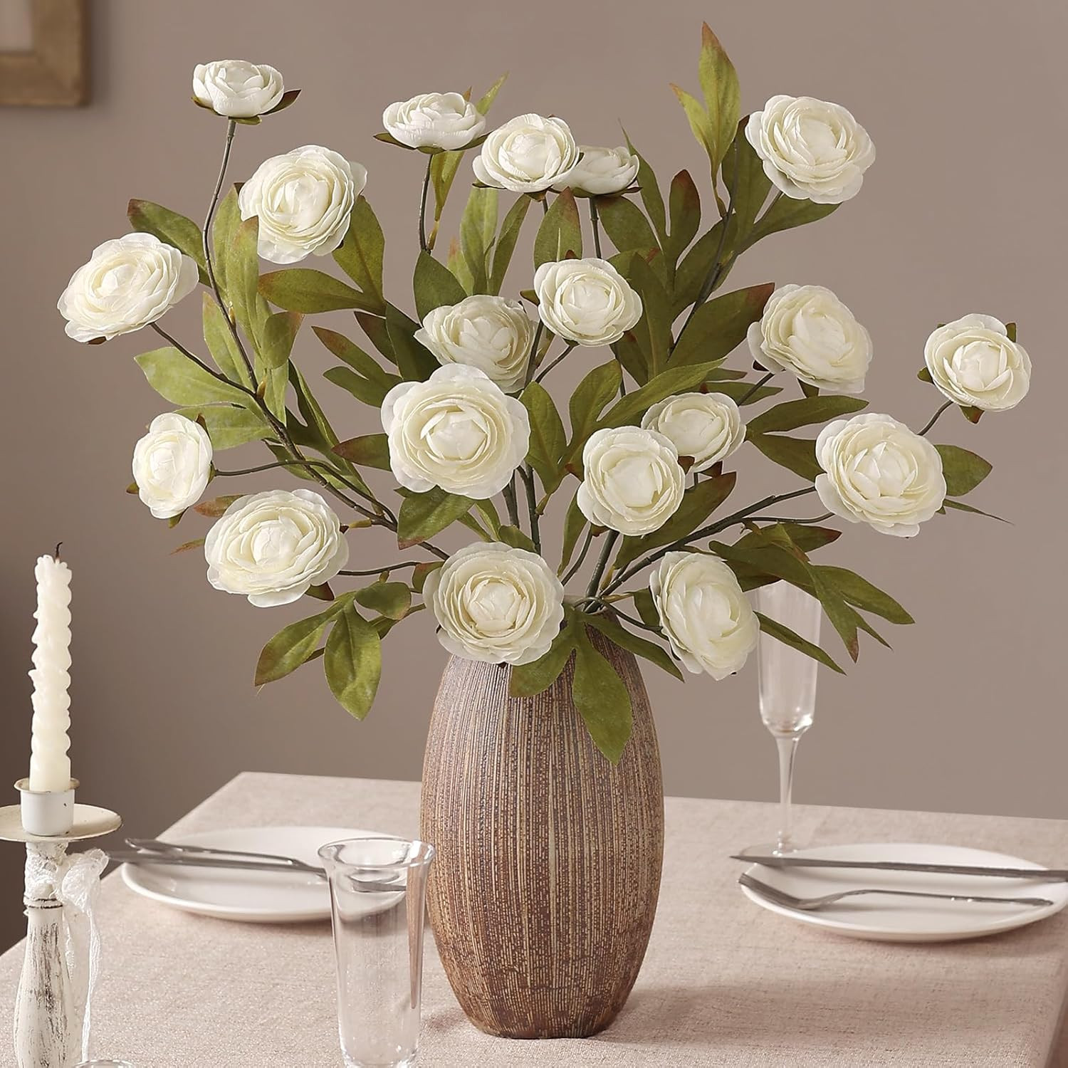 6 PCS Realistic Cream Ranunculus Stems for Home Decor & Centerpieces