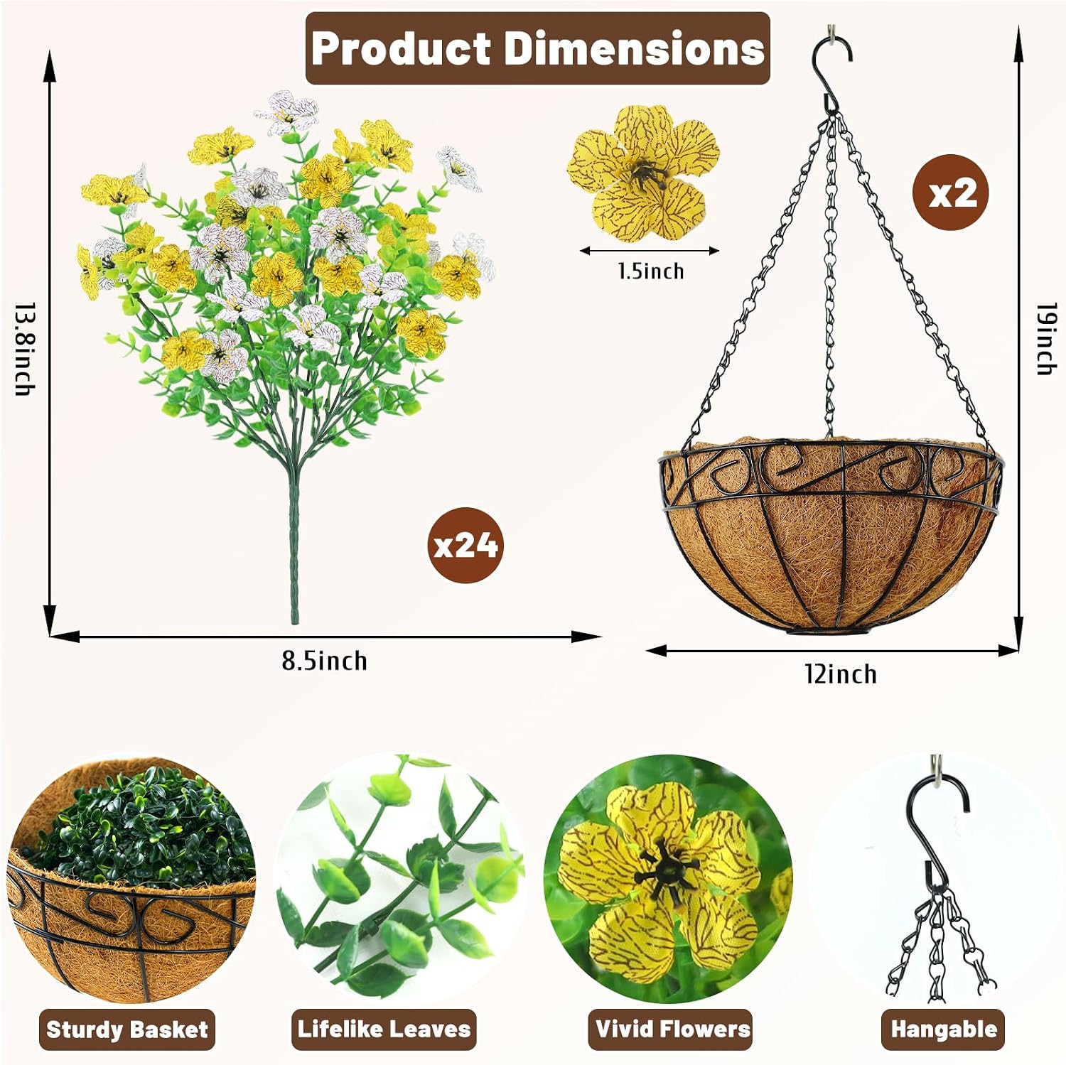 2 Pack UV Resistant Faux Hanging Flower Baskets for Outdoor Decor (Yellow White)