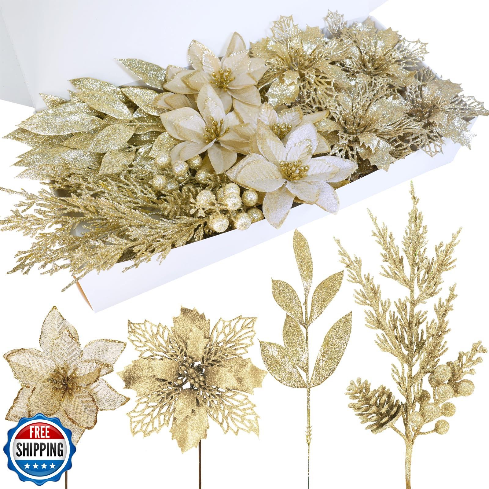 Winlyn 35 Pcs Christmas Artificial Poinsettia Flower Stems and Artificial Lea