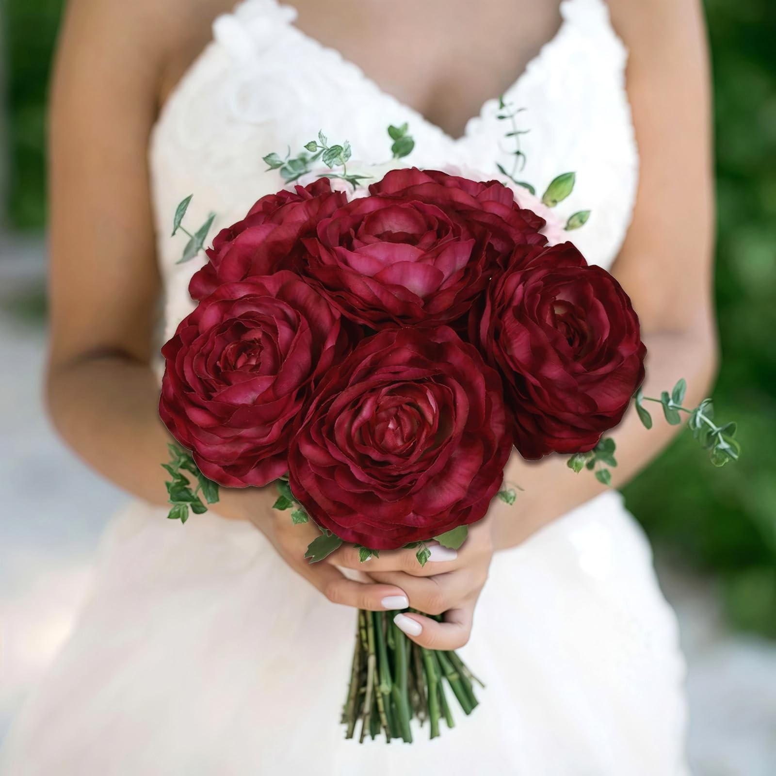 Dark Red Ranunculus Artificial Peonies Flowers Real Touch Wedding 6 PCS