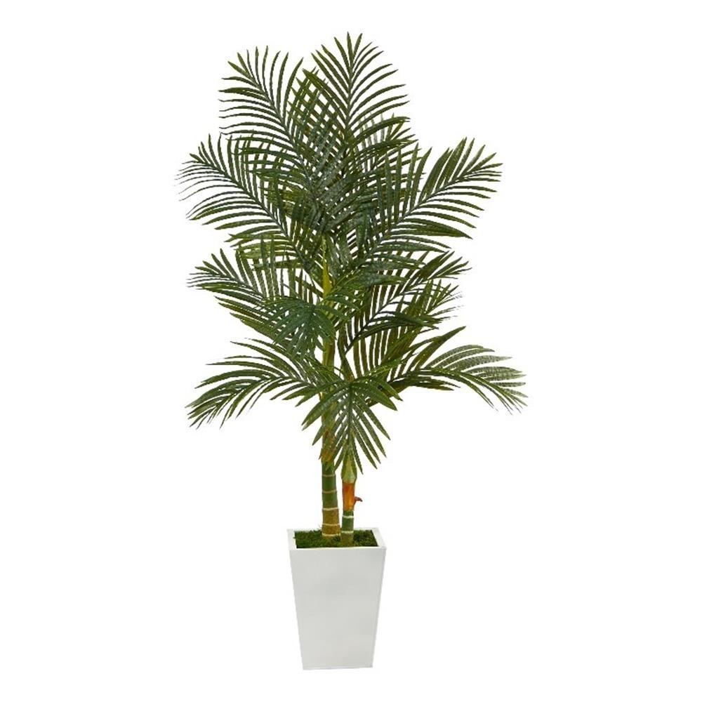 Pemberly Row 66″ Golden Cane Artificial Palm Tree in White Planter – Green/Black