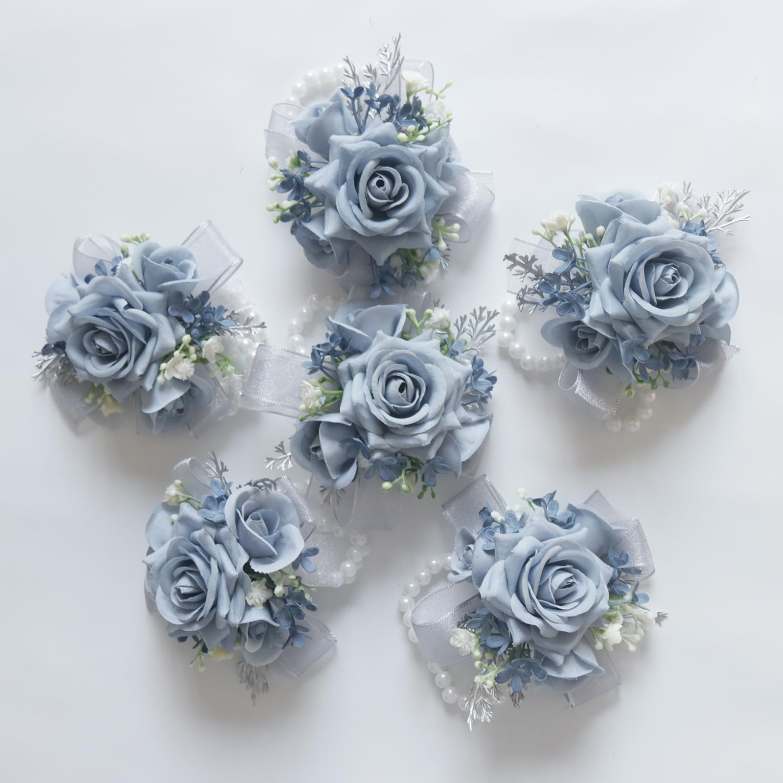 2 PCS Wrist Corsage Boutonniere Set Artificial Rose Wedding Prom Dusty Blue