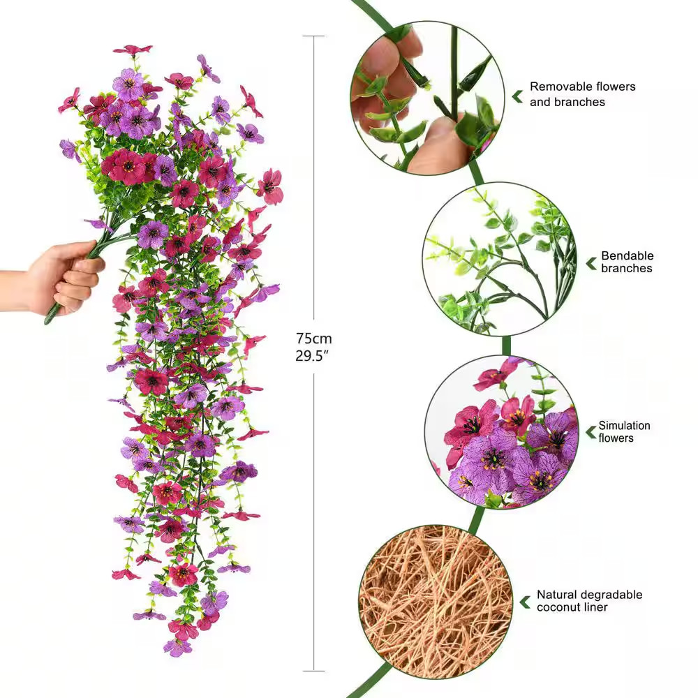 22In. Purple Outdoor Artificial Hanging Daisy Flower Basket with Eucalyptus Leav