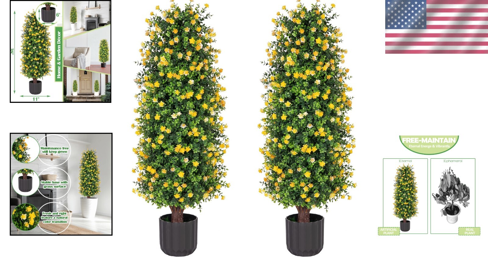 Lifelike Yellow Rose Plants – 2 Pack 3FT Topiary for Indoor and Outdoor Artistry