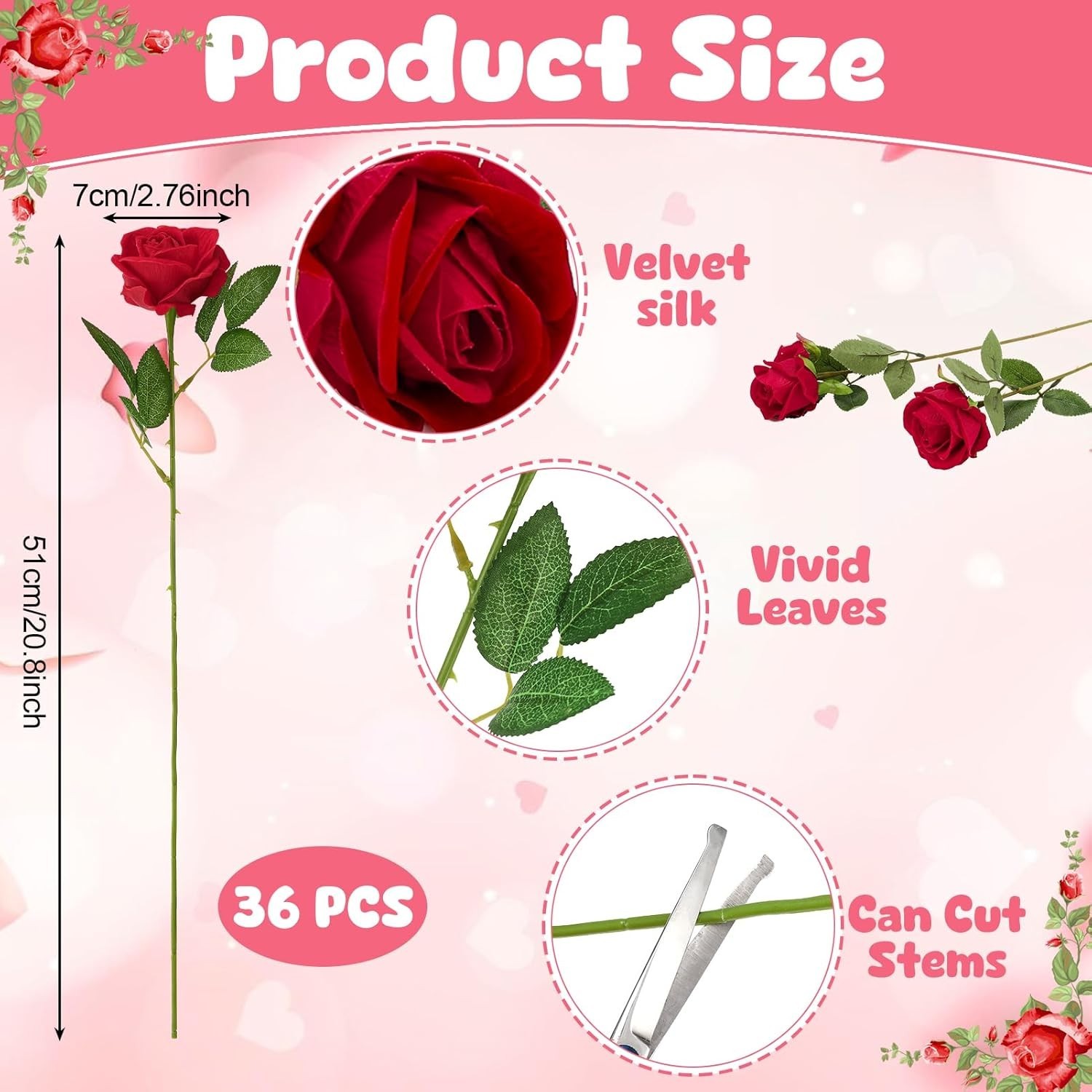 Realistic Red Rose Bouquet 36 Pcs Velvet Silk Flowers for Event Centerpieces