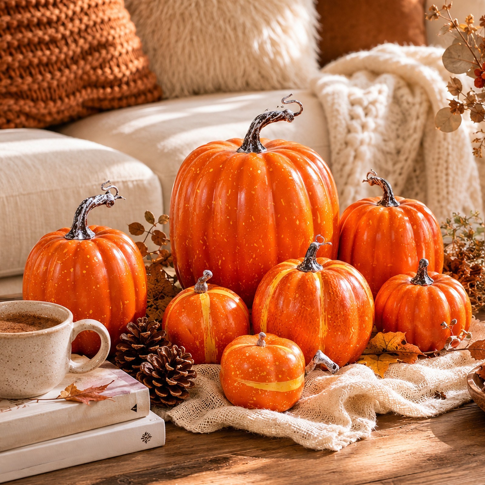 Hand Painted Speckled Foam Pumpkins 7 Pack for Mantel Tiered Tray Table Use