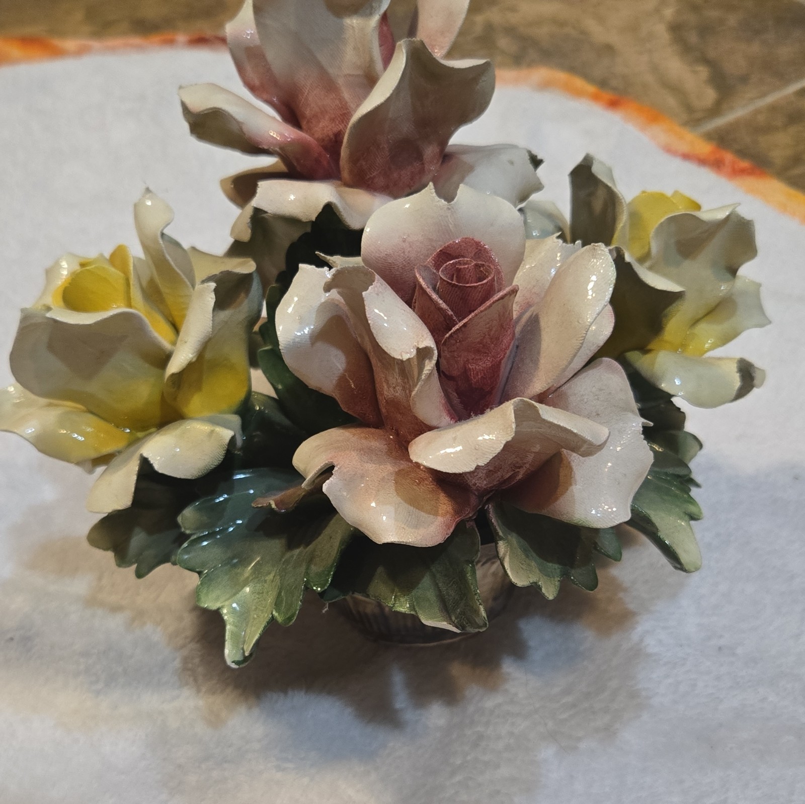 Vintage Italian Capodimonte Porcelain Rose Centerpiece Basket Candlestick Holder