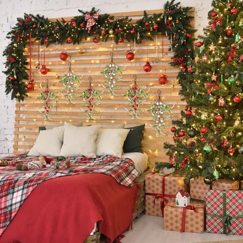 6 Pcs Christmas Mistletoe Decor Artificial Mistletoe 9 Inch Green, White, Red