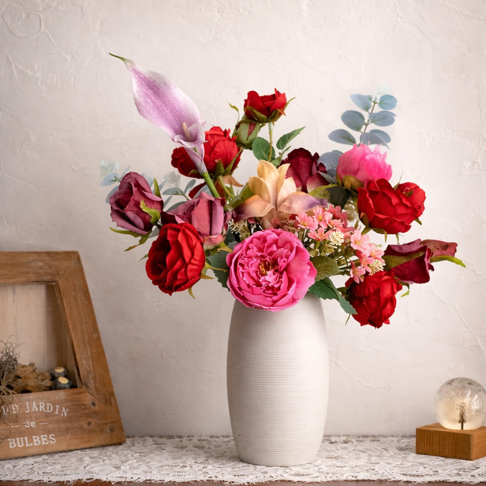 Red Pink Mixed Artificial Rose Peony Real Touch Bouquet Lifelike Floral Decor