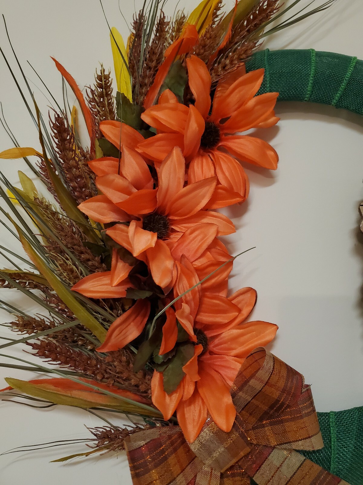 BLESSED wreath Asters Wheat orange Green burlap mesh FALL AUTUMN Decor Door 15″
