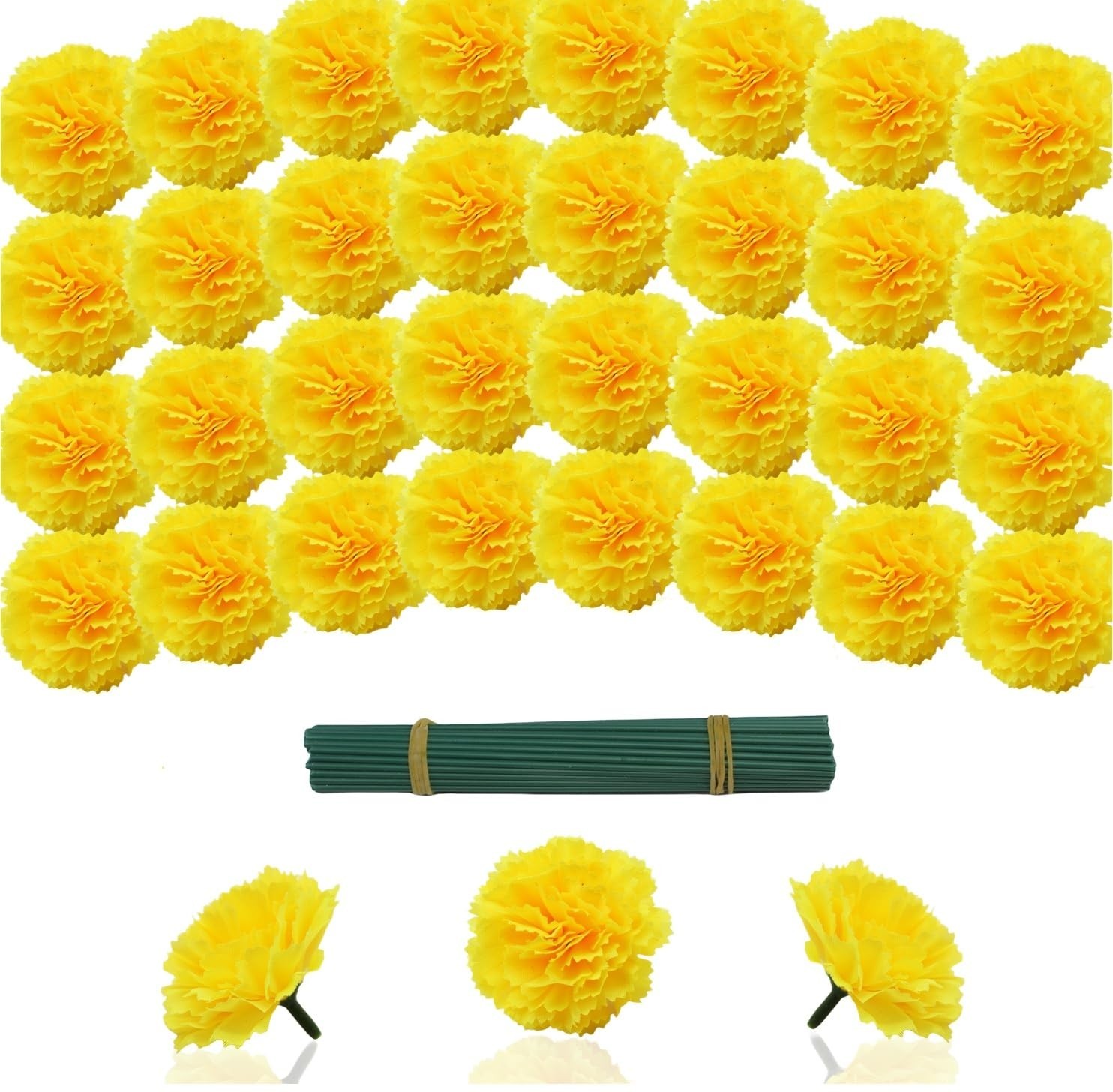 60 Pcs Yellow Artificial Marigold Flowers for Day of The Dead, Diwali Decor, DIY