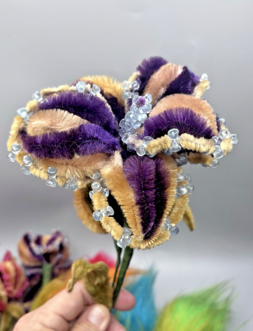 Vintage Handmade Flower Bouquet Beads Pipe Cleaner Troll Hair Whimsical Fantasy