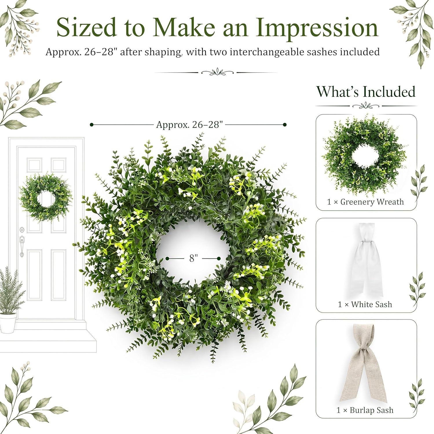 26 Inch Large Artificial Eucalyptus & Boxwood Wreath for Front Door All Season,
