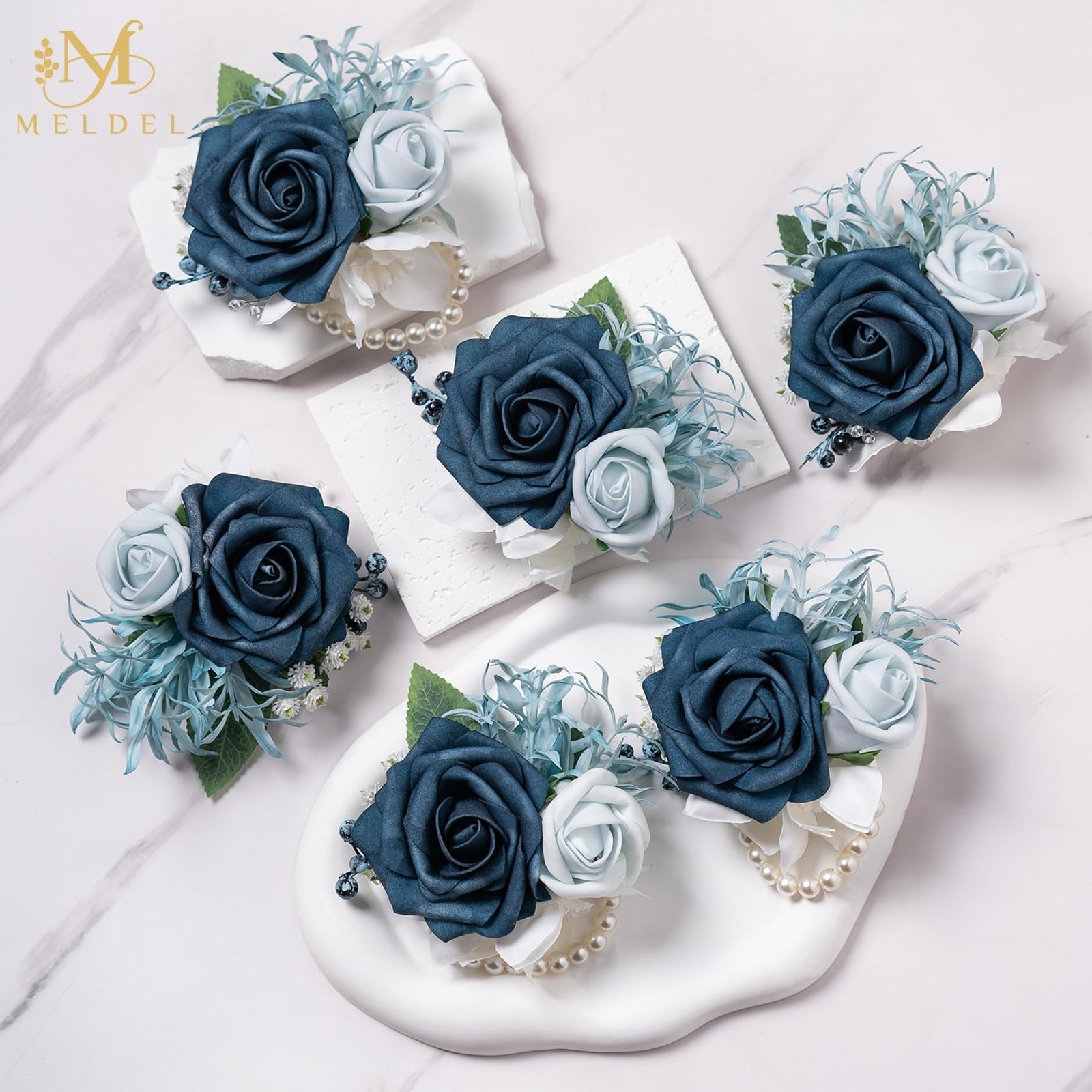 6 Pcs Navy Blue Wrist Corsage, Bride, Bridesmaid, Wedding, Prom, Party, Ceremony