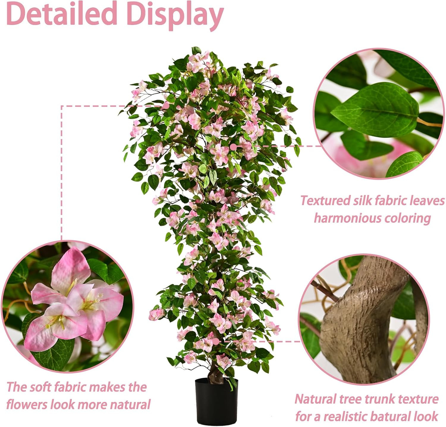 5FT Artificial Bougainvillea Tree – Realistic Pink/White Silk Floral Decor