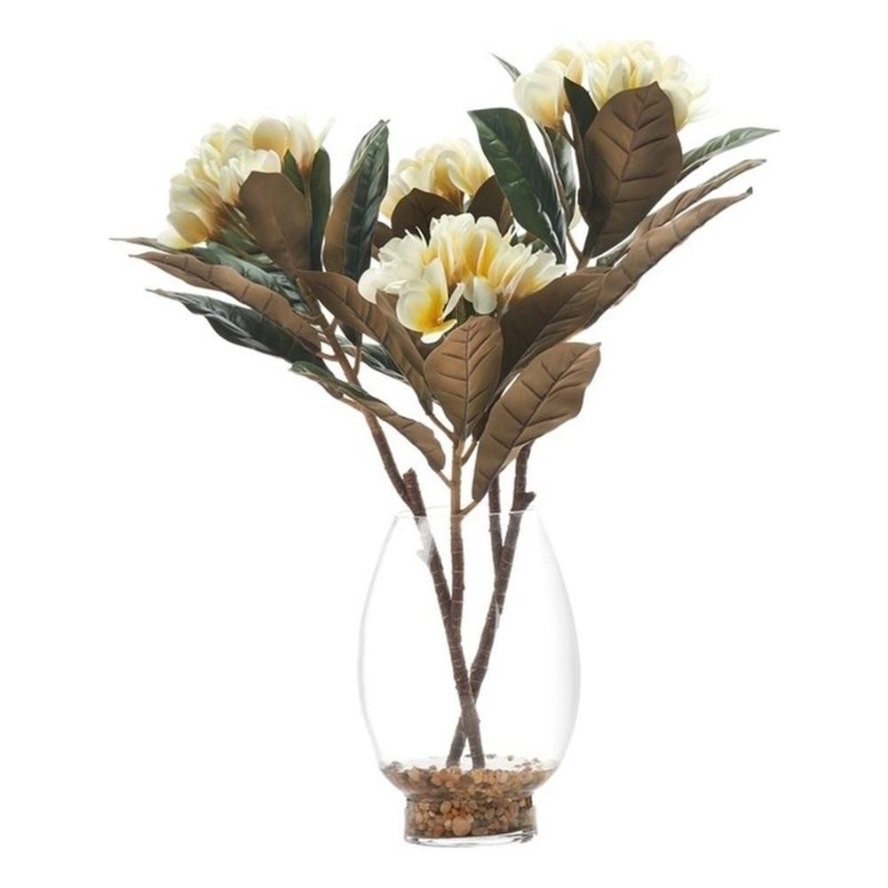 Pemberly Row Contemporary Cream Frangipani in Glass Vase with River Rock