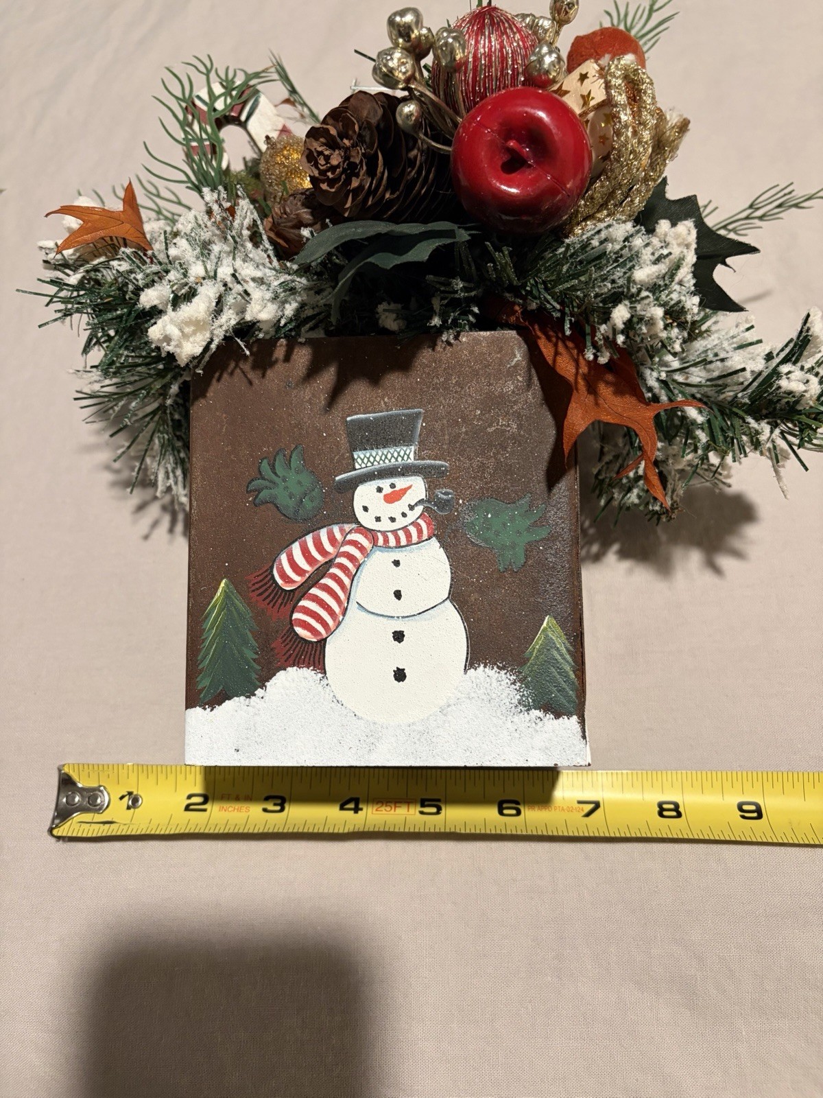 Painted Snowman Tin Bucket w Artificial Pine Table/Wall Arrangement ~Christmas