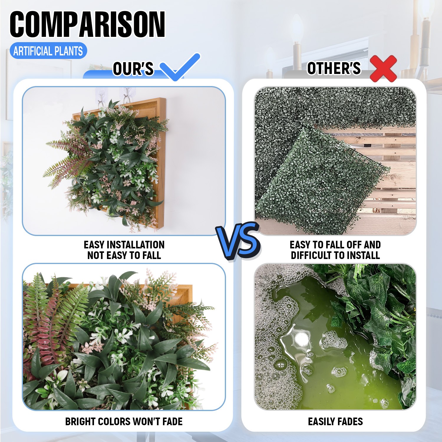 Artificial Plants Wall Hanging Greenery Boxwood in 13in Wood Frame Indoor Decor