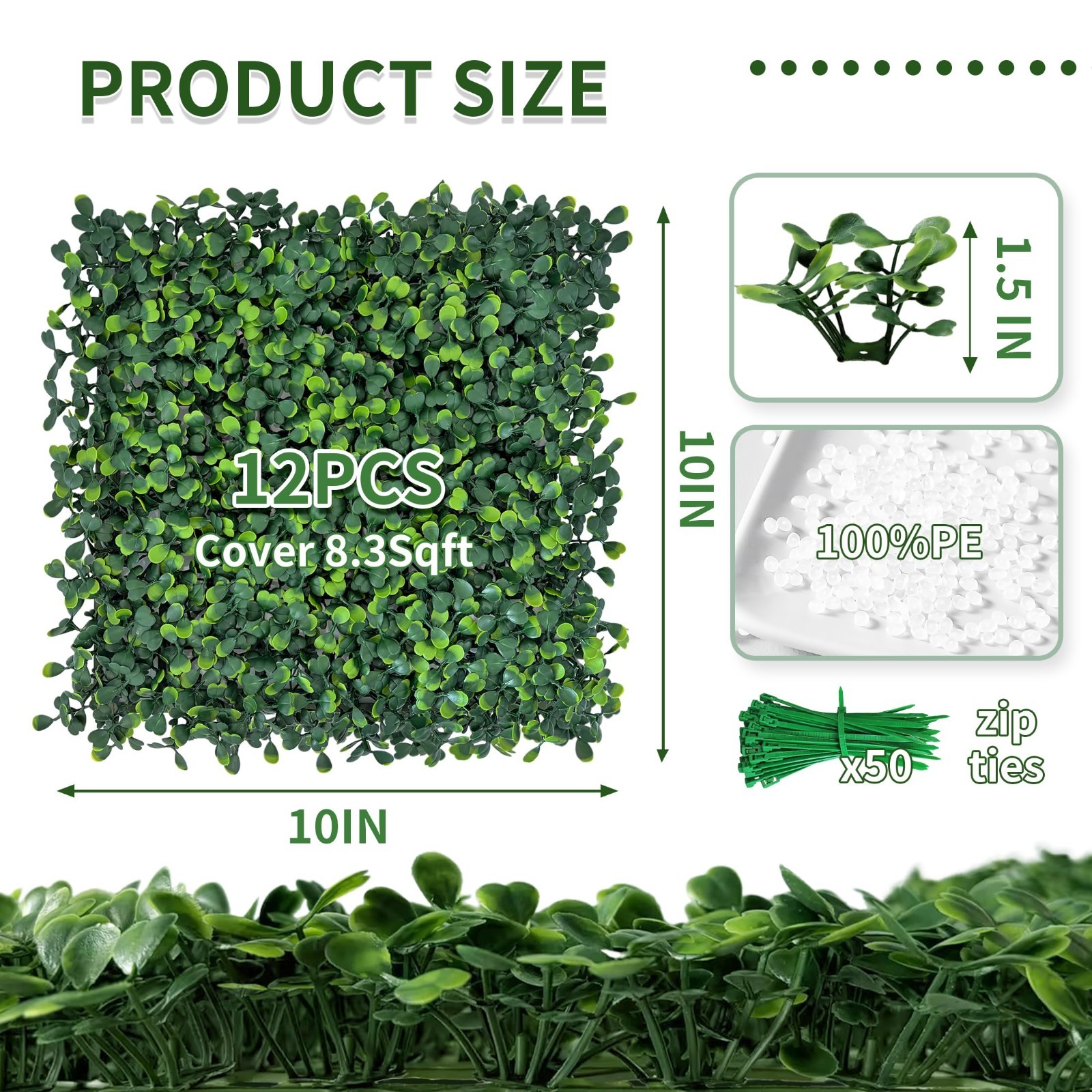12 Pack 10″x10″ UV-Resistant Faux Boxwood Grass Wall Panels for Indoor/Outdoor D