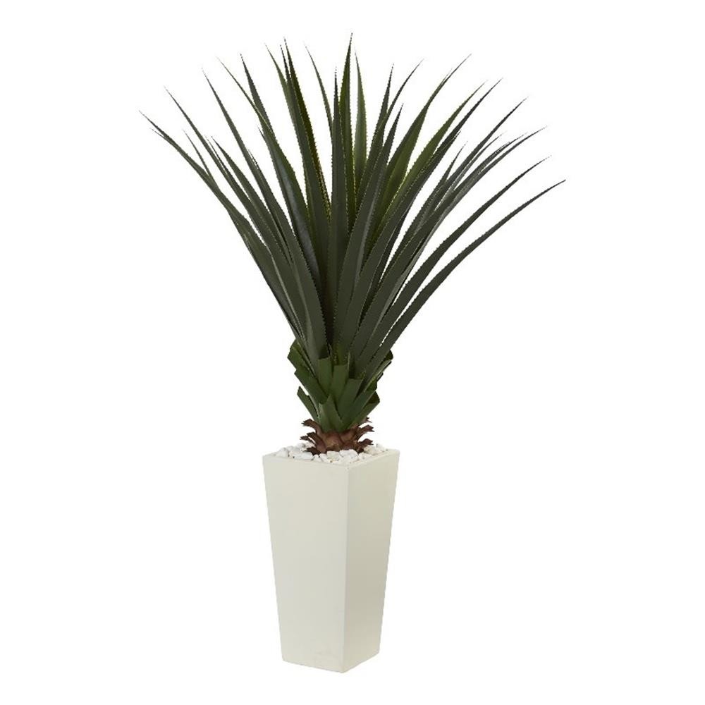 Nearly Natural 5ft Spiky Agave Artificial Plant in White Tower Planter in Green