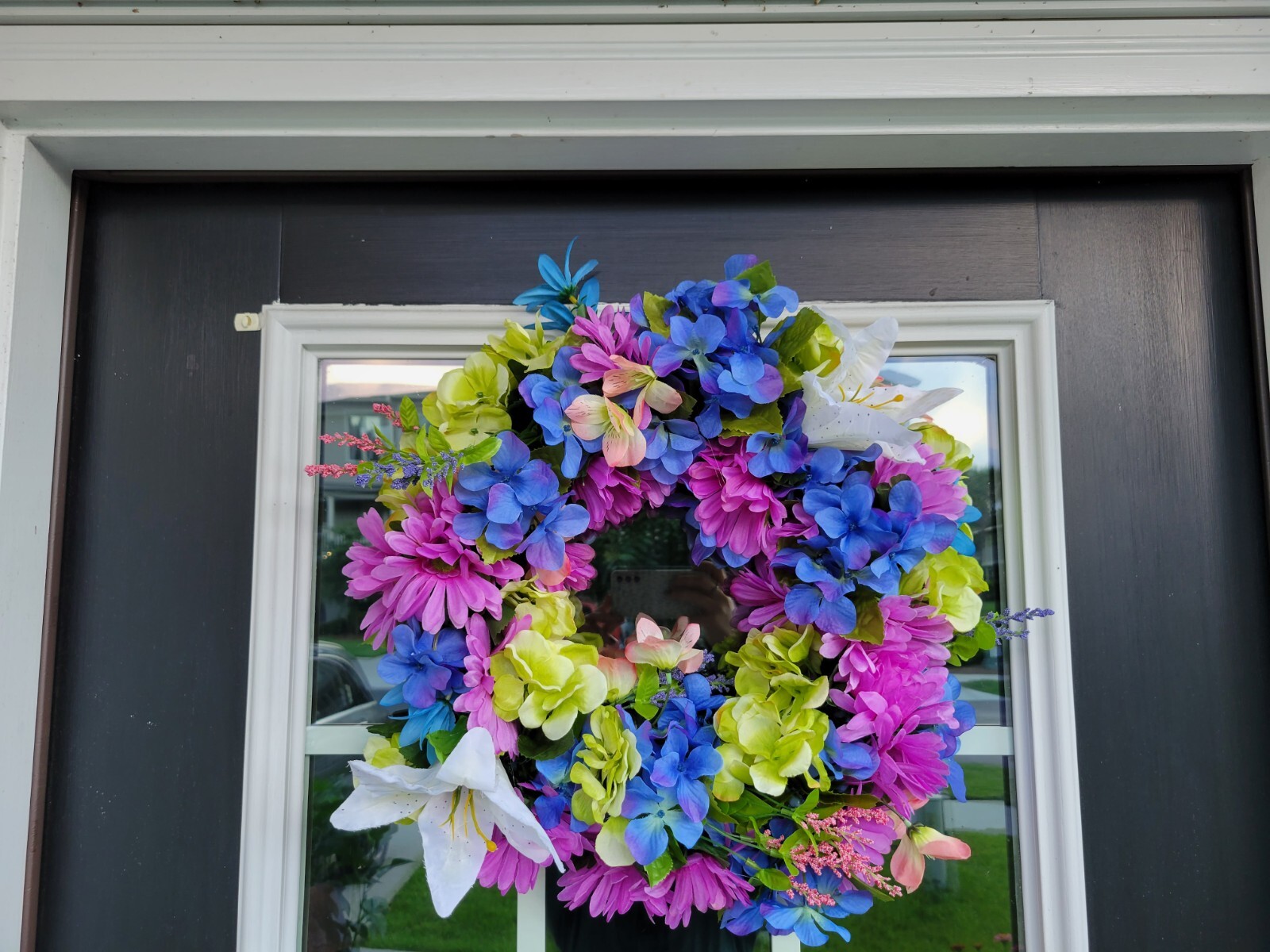 FLORAL one of a kind WREATH flowers Decor Front Door 16″ purple blue pink new
