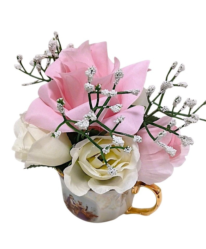 Bridal Pink & White Roses Floral Arrangement Tea Party Cup POP-IN Birthday Love