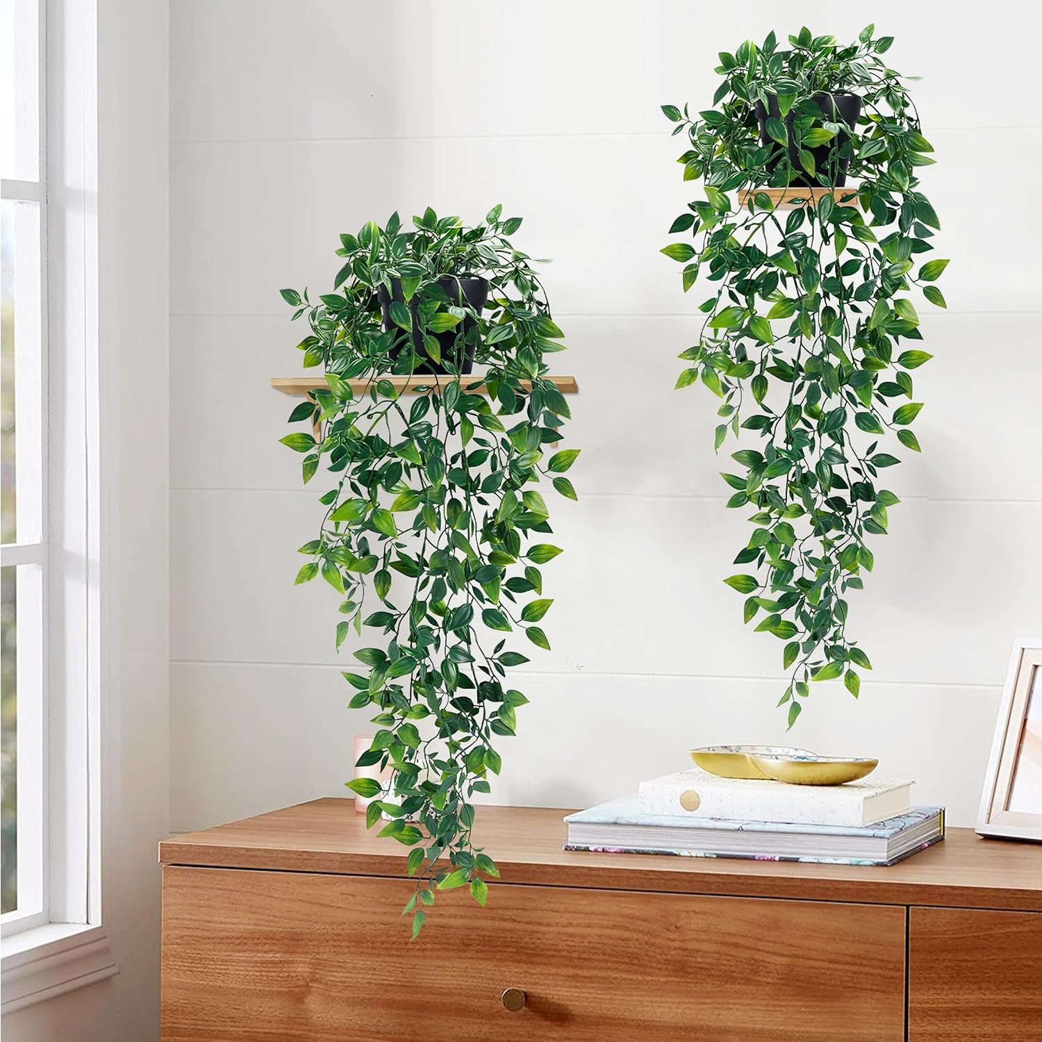 2Pcs Fake Hanging Plants with Pot Deep Green Eucalyptus Leaves UV Resistant Fake