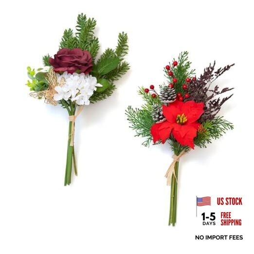 11 Pcs Artificial Flowers Bouquet with Pine Branches, 14″ Red Poinsettias