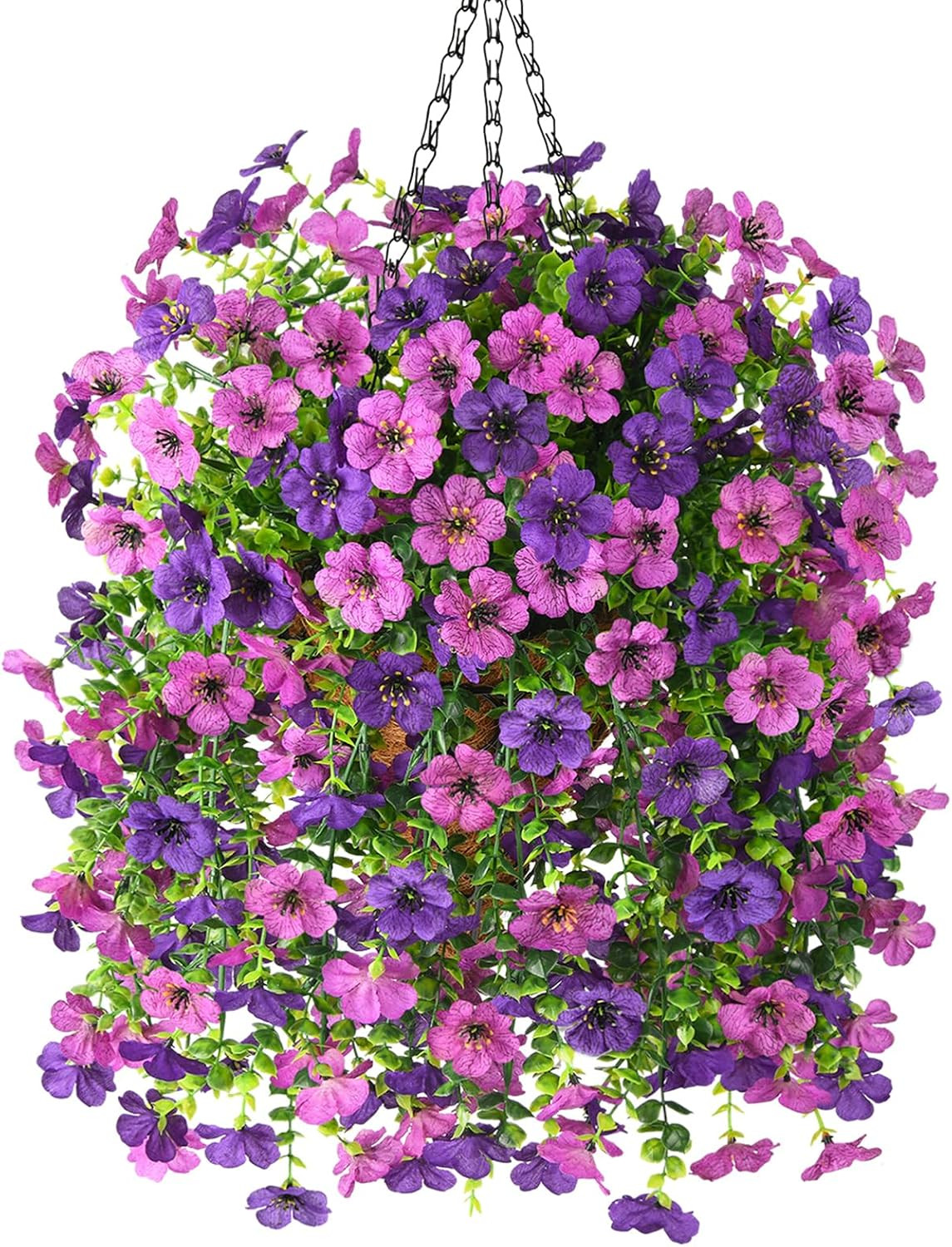 UV Resistant Faux Hanging Flowers Baskets for Outdoor Spring Decor – Mix Purple